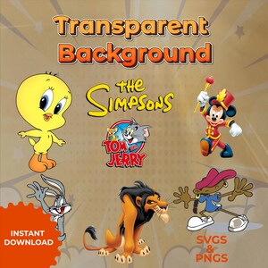 Könnte beinhalten: Ein digitaler Download von SVG- und PNG-Dateien mit Cartoon-Charakteren. Die Bilder beinhalten Tweety Bird, Tom und Jerry, Mickey Mouse, Simba aus dem König der Löwen, Bugs Bunny und einen Charakter aus den Simpsons. Der Text "Transparent Background" und "SVGs & PNGs" ist ebenfalls im Bild enthalten.