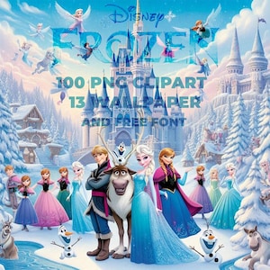 Może przedstawiać: Kolorowa ilustracja przedstawiająca postacie z filmu Disneya Kraina Lodu. Na obrazku znajdują się Elsa, Anna, Kristoff, Olaf, Sven i inne postacie. Tło przedstawia śnieżny krajobraz z zamkiem w oddali. Tekst "100 PNG CLIPART 13 WALLPAPER AND FREE FONT" jest wyświetlany w środku obrazu.