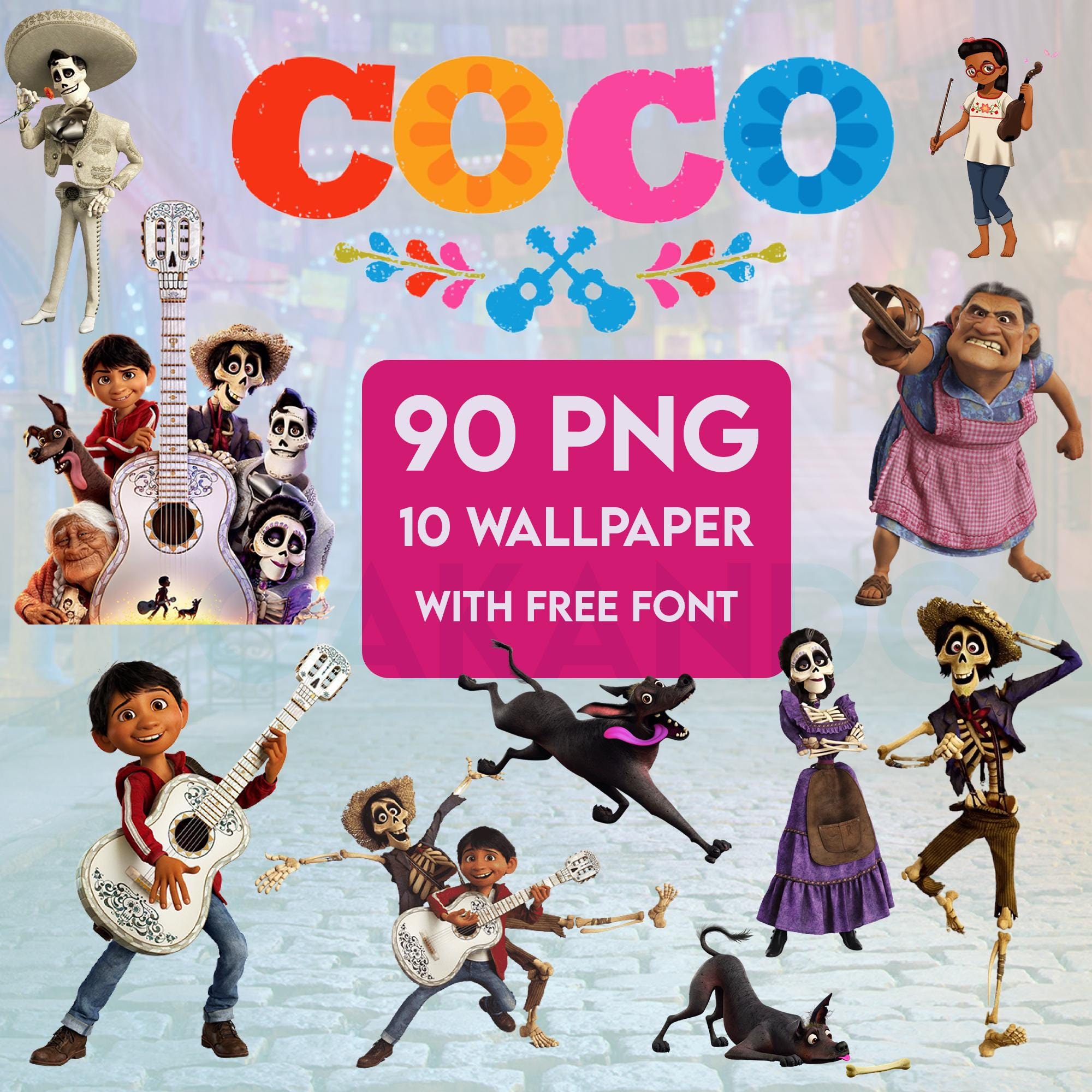 Coco Lettering Printable Coco PNG Clipart Bundle: Miguel, Alphabet, Backgrounds (digital ...