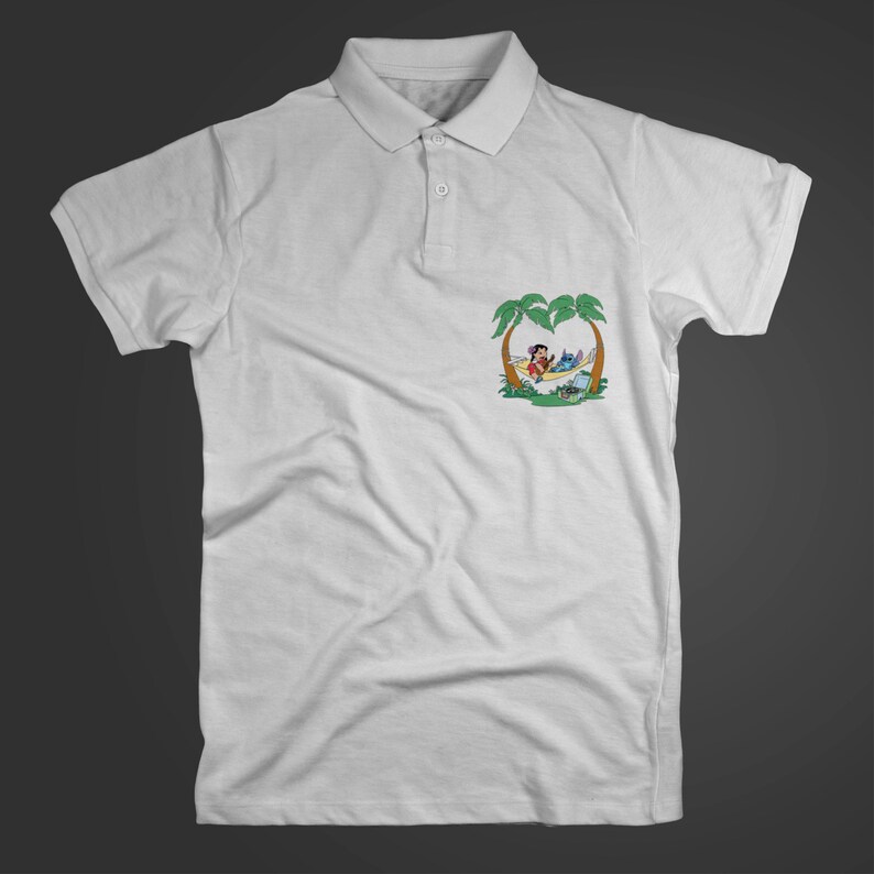 May include: White polo shirt featuring a cartoon image of two characters relaxing in a hammock beneath palm trees.
