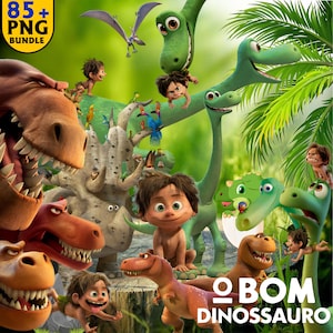 Pode incluir: Uma ilustração colorida com personagens do filme de animação "O Bom Dinossauro". A imagem inclui um dinossauro verde, um dinossauro marrom, um menino humano e uma variedade de outros personagens. O texto "O_BOM DINOSSAURO" é visível no canto inferior direito da imagem.