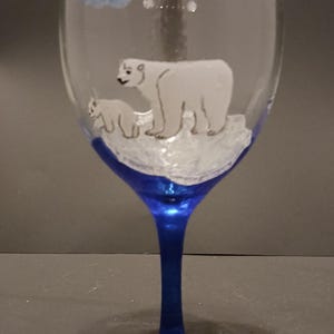 Hand Painted unique design, beautiful Wine Glasses Northern Lights and Polar Bears Glow in the dark effect