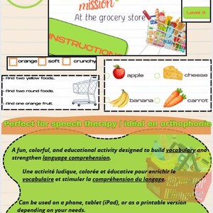 Può includere: Foglio di attività didattiche con il titolo "Seek and Find Mission at the Grocery Store". Include immagini di frutta, verdura e un carrello della spesa. Testo in inglese e francese. Progettato per sviluppare il vocabolario e la comprensione del linguaggio.