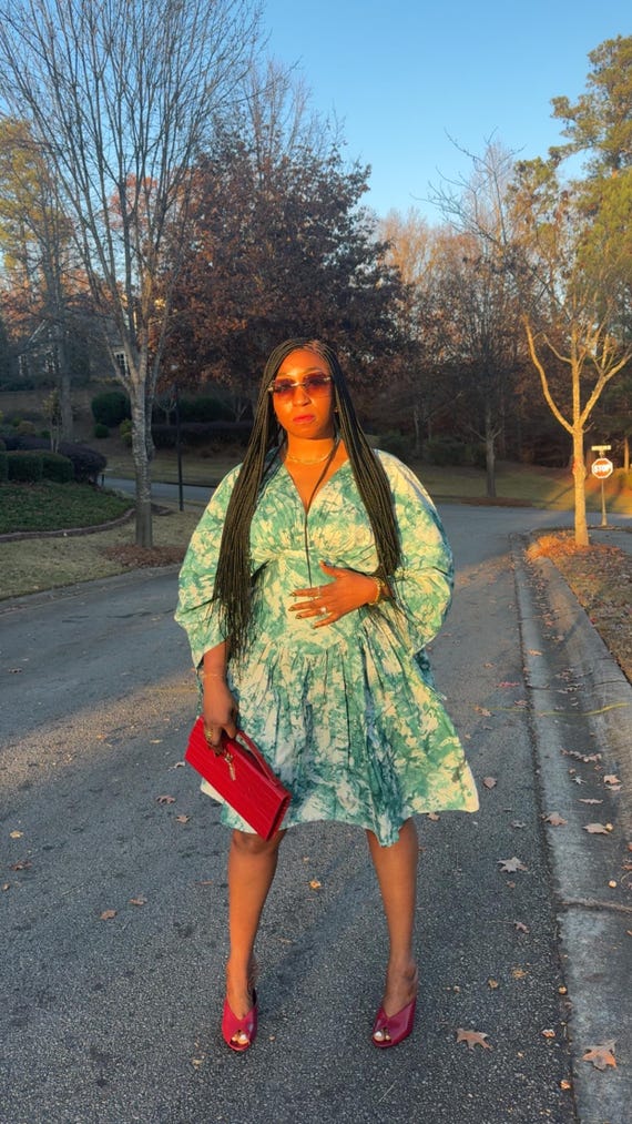 Adesuwa Adire Midi Gown | Flowy V-Neck Dress | Green Tie-Dye Print Dress