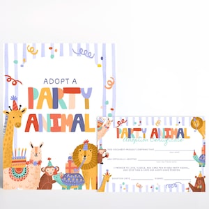 May include: A colorful "Adopt a Party Animal" print and adoption certificate. The print features a giraffe, llama, monkey, lion, and turtle with party hats and gifts. The certificate has space for details.