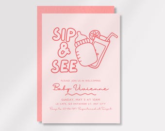 Sip and See druckbare Einladungsvorlage, Canva DIY bearbeitbare digitale Einladung, Willkommen Baby Girl, rosa, hell modern
