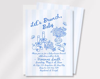 Hand Drawn Brunch Baby Shower Printable Invitation Template, Canva DIY Editable Instant Download, Boy, Baby Sprinkle, Blue Digital Invite