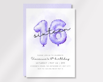 May include: A lavender birthday invitation with a watercolor design. The number "16" is depicted as balloon-shaped figures, with the word "sixteen" written above. The invitation includes event details and RSVP information.