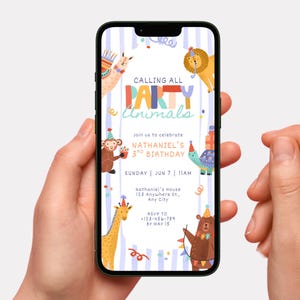 May include: A smartphone displays a colorful birthday invitation with the text "CALLING ALL PARTY ANIMALS." The invitation features illustrations of animals like a llama, lion, monkey, giraffe, turtle, and bear. The invitation is held in a person's hands.