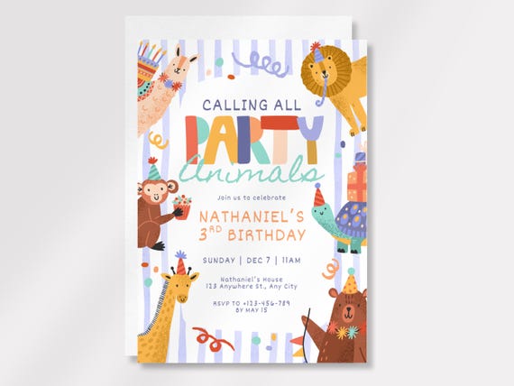 Calling All Party Animals Kids Birthday Invitation: DIY Editable Canva Template (Digital Download) PA2