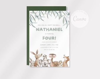 Könnte beinhalten: Geburtstagseinladung mit Illustrationen von Tieren wie Känguru und Koala. Der Text "NATHANIEL wird VIER!" ist hervorgehoben, zusammen mit den Veranstaltungsdetails und einem Eukalyptusblatt-Design.
