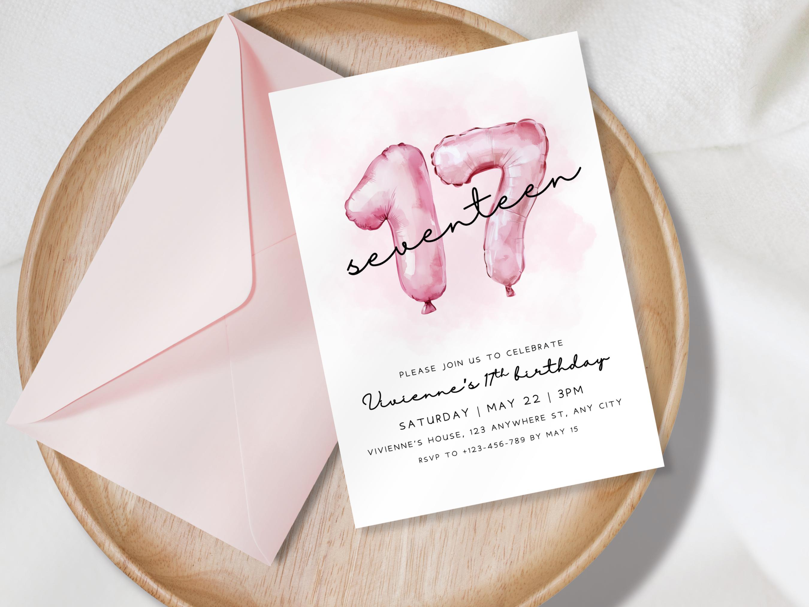 Pink Watercolor Foil Balloon 17th Birthday Teenage Girl Invitation ...