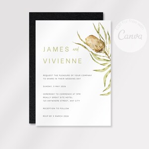 May include: Wedding invitation with a black border, featuring the names "James and Vivienne" in a soft green font. The invitation includes event details and a watercolor illustration of a flower and leaves.