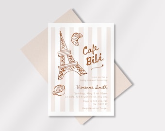 Invitación imprimible para baby shower con temática de café francés de Café Bebe: Plantilla editable en Canva (descarga digital) - Unisex