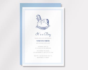 Puede incluir: Una invitación a un baby shower con un esquema de color azul y blanco. La invitación presenta un boceto de un caballito balancín y el texto "It's a Boy". Incluye fecha, hora, lugar e información de confirmación.
