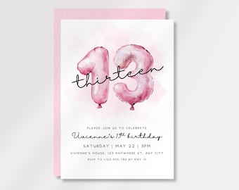 Pink Watercolor Foil Balloon 13th Birthday Teenage Girl Invitation Template, DIY Editable Instant Download, Minimal Thirteenth Bday Invite