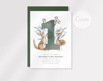 Puede incluir: Una tarjeta de invitación blanca con un borde verde. La tarjeta presenta una ilustración de acuarela de un gran número uno verde con un canguro, un emú, un koala y un pájaro que lo rodean. El texto en la tarjeta dice "Por favor, únase a nosotros para celebrar el primer cumpleaños de Nathaniel, sábado 23 de mayo a las 10 AM, 123 Anywhere St, Any City ST 1234, RSVP al 123-456-789 antes del 15 de mayo."