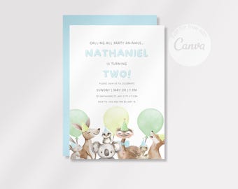 Puede incluir: Una invitación de cumpleaños con fondo azul claro y borde blanco. La invitación presenta una ilustración de acuarela de animales con globos. El texto de la invitación dice: "Calling all party animals - Nathaniel está cumpliendo dos años! Por favor, únase a nosotros para celebrar el domingo 24 de mayo a la 1 PM."