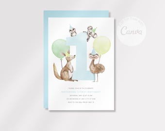 Puede incluir: Una invitación de cumpleaños azul y blanca con una ilustración de acuarela de un canguro, un emú, un koala y un opossum. El número uno está en el centro de la invitación con globos a cada lado. El texto de la invitación dice: "Por favor, únase a nosotros para celebrar el primer cumpleaños de Nathaniel. Sábado, 22 de mayo a las 10 am. 123 Anywhere St, Any City, 1234. RSVP al 123-456-7890 antes del 15 de mayo."