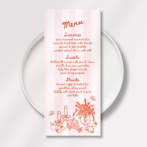 Peut inclure: Une carte de menu à rayures roses et blanches avec le titre manuscrit "Menu". Le menu énumère des plats salés, des sucreries et des boissons. Des illustrations décoratives de nourriture et de boissons sont en bas. Le menu est sur une assiette blanche.