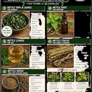 May include: A dark green educational foraging guide for Stinging Nettle in North America. The poster features five numbered sections detailing uses for tops, leaves, roots, seeds, and stalks, alongside images of the plant, tea, and cordage.