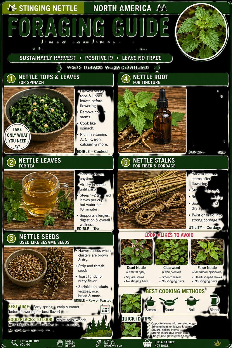 May include: A dark green educational foraging guide for Stinging Nettle in North America. The poster features five numbered sections detailing uses for tops, leaves, roots, seeds, and stalks, alongside images of the plant, tea, and cordage.