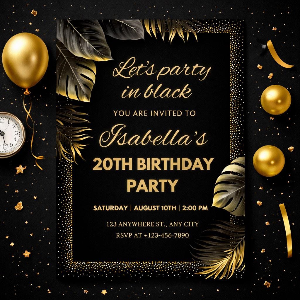 Editable Black and Gold Birthday Invitation, Boys Girls Party Invite ...