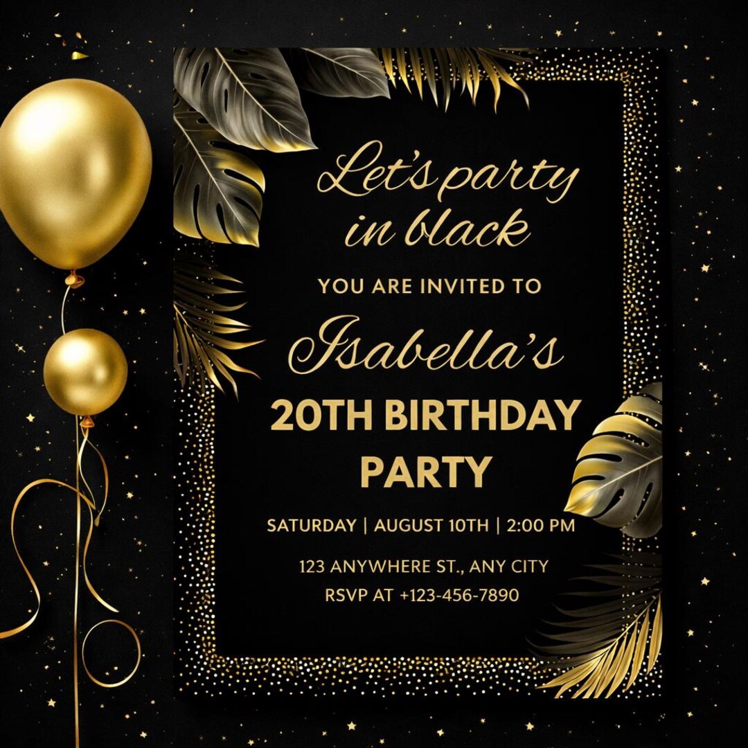 Editable Black and Gold Birthday Invitation, Boys Girls Party Invite ...