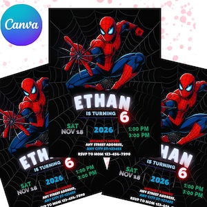 Puede incluir: Invitaciones de fiesta de cumpleaños con temática de Spider-Man. Las invitaciones presentan un gráfico de Spider-Man rojo y azul sobre un fondo negro con un diseño de telaraña. El texto incluye el nombre "Ethan", la edad "6", la fecha, la hora y la dirección.