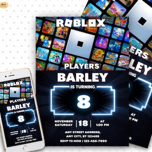 May include: A birthday party invitation featuring the Roblox logo and a colorful background. The invitation is for Barley's 8th birthday, with the date, time, and RSVP information displayed. A smartphone displays the same invitation.