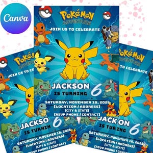 May include: A set of blue and white Pokémon-themed birthday party invitations. The invitations feature Pikachu and other characters, with text that reads "Pokémon Adventure" and "Join us to Celebrate." The invitations are personalized with a name and age.