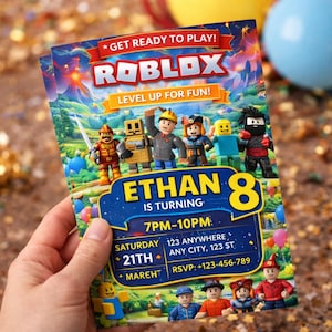 May include: A colorful Roblox-themed birthday party invitation. The invitation features the Roblox logo, character illustrations, and the text "Ethan is turning 8". Details include the date, time, and location of the party.