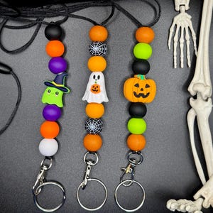 Halloween Lanyard for Teachers, Spooky Cute ID Lanyard, Nurse Badge Holder, Fall Lanyard, Silicone Beads, Breakaway Clasp, Gift for Teacher