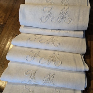 Antique French Extra Large Linen Napkins / Hand Monogrammed /Set of 10 pcs/Free Shipping