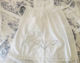 Vintage White Cotton Cutwork and Eyelet Lace Pinafore/Apron/Free Shipping