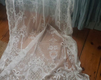 Antique White Scottish Cotton Lace Curtain/  Extra Long/Exquisite Lace/Free Shipping
