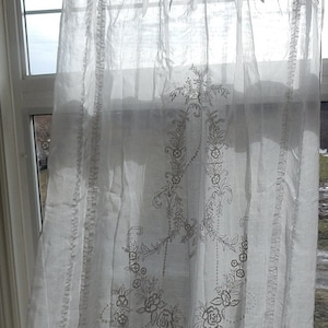 Sheer White Embroidered Linen Panels/Paris Home/Extra Long/Free Shipping