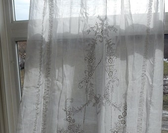 Sheer White Embroidered Linen Panels/Paris Home/Extra Long/Free Shipping