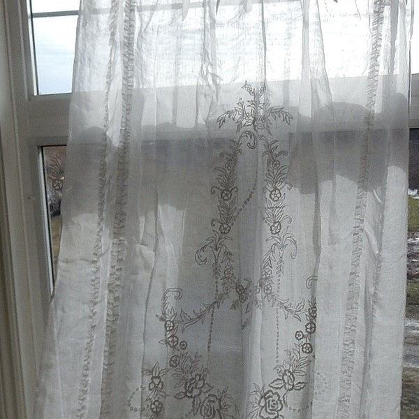 Sheer White Embroidered Linen Panels/Paris Home/Extra Long/Free Shipping