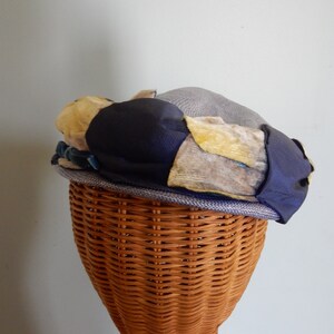 Vintage Straw Beret/Boater Cap Style Hat with Velvet Flowers