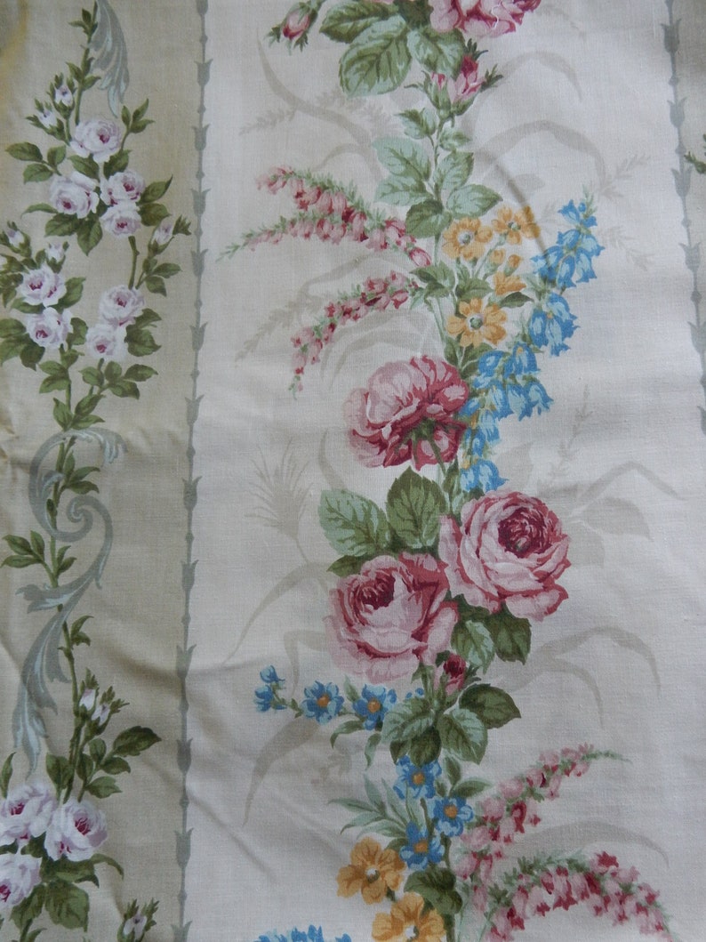 Puede incluir: Una tela floral vintage con un patr&oacute;n repetido de rosas rosas, campanillas azules y flores amarillas sobre un fondo crema. La tela tiene una textura sutil y un toque delicado y rom&aacute;ntico.