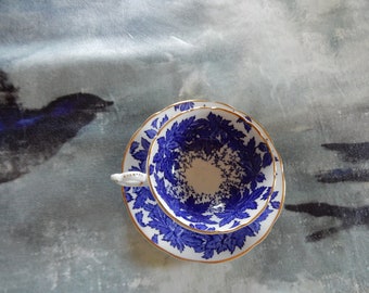 Vintage Teacup & Saucer/Coalport Bone China/Blue Leaves/Free Shipping