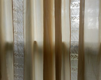 Vintage Pale Peach Silk Cafe Curtain with Embroidered Chiffon Edging
