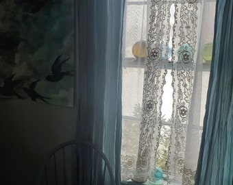 Antique Pair French Embroidered Border Net Curtains/