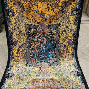 Persian Silk Rug - Yellow Tabriz Phoenix & Floral Design | Luxury Silk Carpet Wall Art or Floor Decor | 3x5 ft Oriental Rug