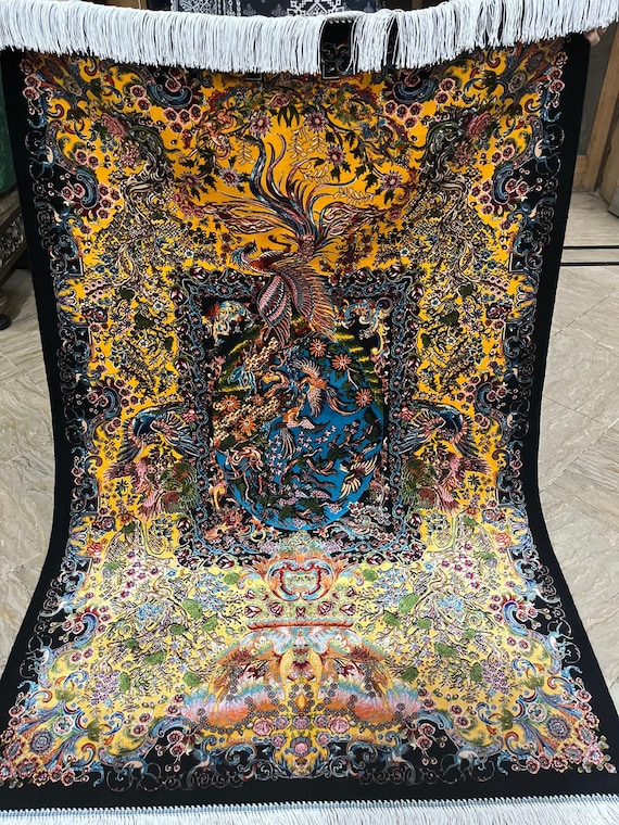 Persian Silk Rug - Yellow Tabriz Phoenix & Floral Design | Luxury Silk Carpet Wall Art or Floor Decor | 3x5 ft Oriental Rug