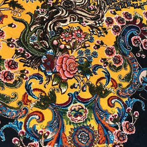 Luxury Persian silk rug in golden yellow with detailed Tabriz-style phoenix and floral design. This 3x5 ft Oriental carpet doubles as a stunning floor piece or elegant wall hanging. Hand-finished with intricate patterns, it adds timeless charm to any space. Ideal for home decor lovers, collectors, or anyone seeking a unique handmade accent rooted in Persian art and tradition.
