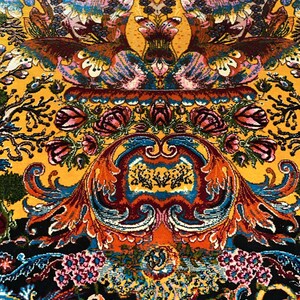 Luxury Persian silk rug in golden yellow with detailed Tabriz-style phoenix and floral design. This 3x5 ft Oriental carpet doubles as a stunning floor piece or elegant wall hanging. Hand-finished with intricate patterns, it adds timeless charm to any space. Ideal for home decor lovers, collectors, or anyone seeking a unique handmade accent rooted in Persian art and tradition.