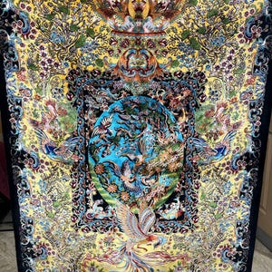 Persian silk rug with vibrant yellow Tabriz-style design featuring a mythical phoenix, intricate floral patterns, and traditional Oriental motifs. This 3x5 ft luxury carpet is ideal as wall art or floor decor. Made with fine silk for a soft texture and rich detail, perfect for adding warmth and elegance to living rooms, bedrooms, or gallery spaces. A beautiful blend of heritage and craftsmanship for art lovers and collectors.