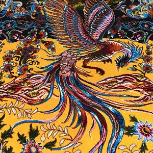 Stunning Persian silk rug in warm yellow tones, featuring a traditional Tabriz phoenix and floral motif. This 3x5 ft piece is ideal as a decorative carpet or wall art. Rich in detail and symbolism, it brings a luxurious, artistic touch to any interior space. Perfect for collectors, design lovers, or anyone wanting a bold, handcrafted statement piece rooted in Persian heritage.